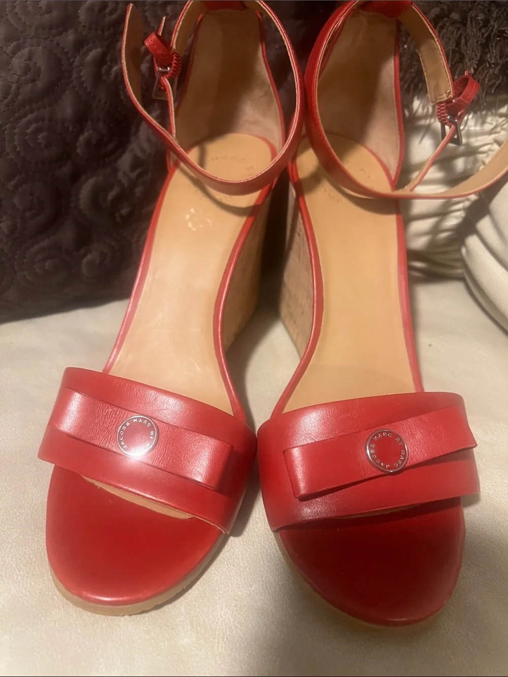 Marc Jacobs Red Leather Ankle-Strap Wedge Sandals with Bow Accent